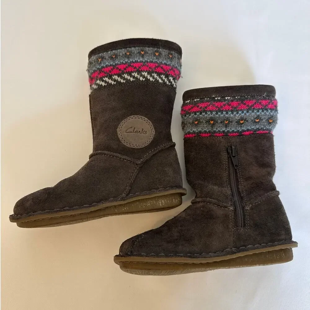 Clarks Faux Furr Lined Boots Gray Fair-Isle Knitted Cuff Snuggle Love Girls 8.5